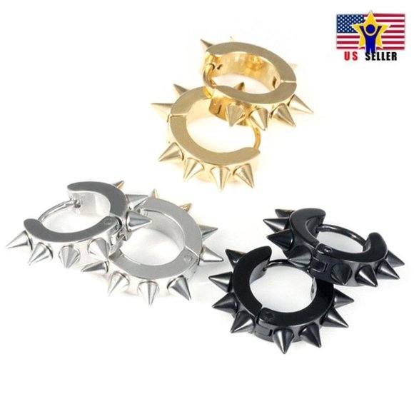 1Pair BTS Boys Hip hop Awl Punk Stud Rivet Stainless Spike Hoop Silver Earrings - Picture 2 of 5